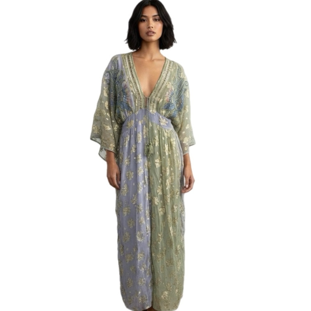 Embroidered & Beaded Foil Boho Bali Jumpsuit P2P 15” NWOT - Picture 1 of 5